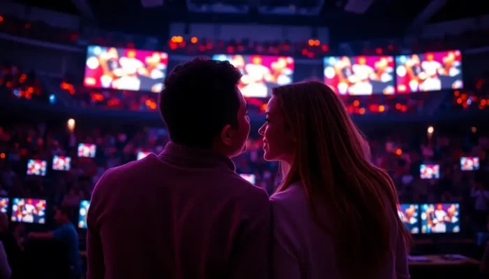 A couple watching an esports event, with glowing screens around them.