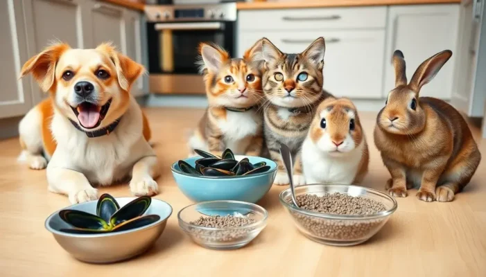 A dog, cat, and rabbit eating from bowls with superfoods on the floor.