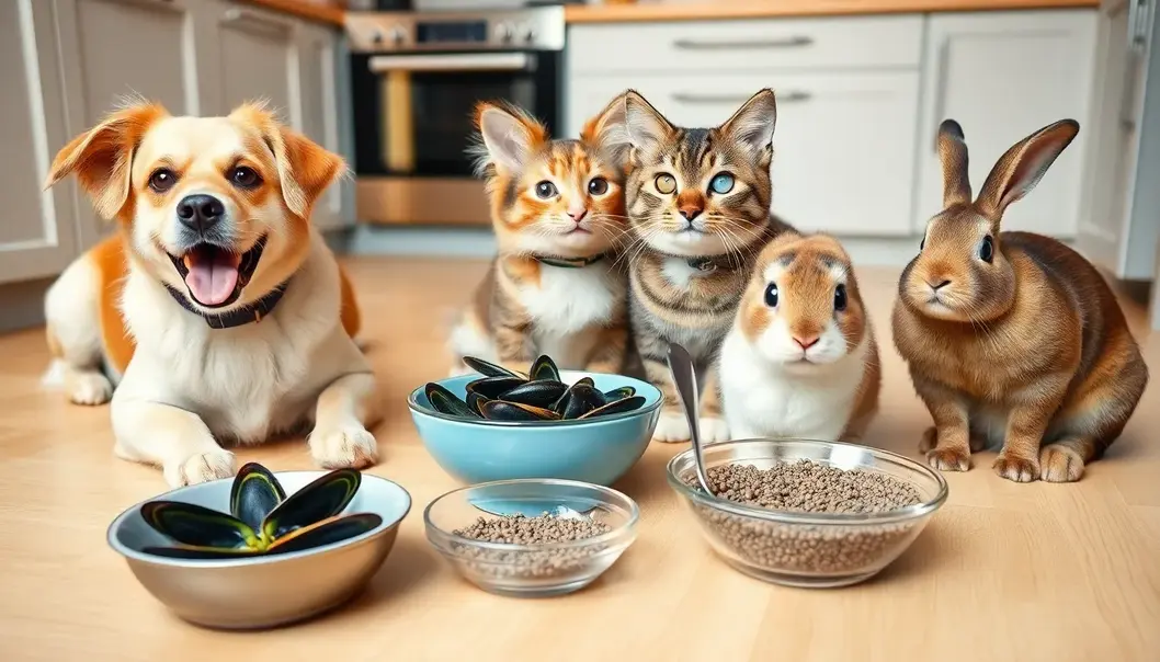 A dog, cat, and rabbit eating from bowls with superfoods on the floor.