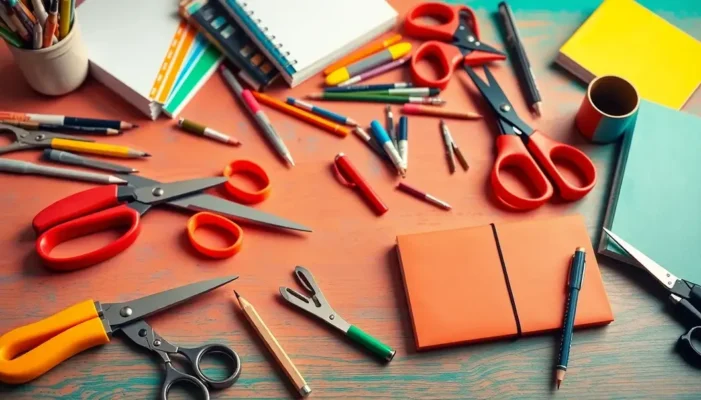 Various left-handed tools arranged on a bright, colorful desk, illustrating creativity.