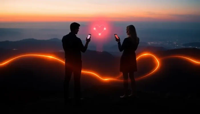 Two people on separate hills connected by a glowing digital line, portraying long-distance relationships facilitated by technology.