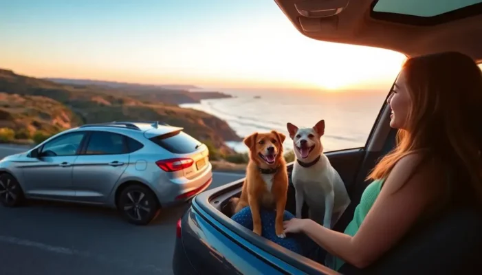 Car by the coast, young adult with pets watching sunset, symbolizing travel and comfort.
